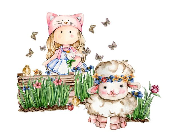 Girl Tilda Doll White Fluffy Sheeps Sitting Grass Flowers Butterflies — Stock Photo, Image