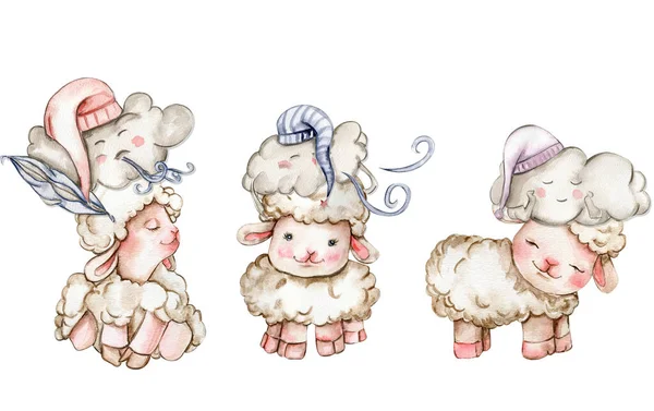 Акварель Милая Белая Пушистая Овца Милое Облако Голове Иллюстрация Сельскохозяйственного — стоковое фото