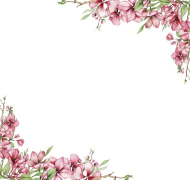 Çiçeklerle dolu suluboya kare bahar bahçesi karikatür şeklinde ve çiçek perisi şeklinde. Çocuk tasarımı için çiçek prensesiyle karikatür çizimi. Düğün davetiyesi için mükemmel..