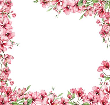 Çiçeklerle dolu suluboya kare bahar bahçesi karikatür şeklinde ve çiçek perisi şeklinde. Çocuk tasarımı için çiçek prensesiyle karikatür çizimi. Düğün davetiyesi için mükemmel..