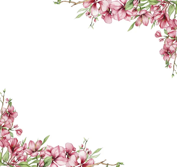 花の妖精と漫画スタイルの花のフレームでいっぱいの水彩正方形の春の庭 子供のデザインのための花のプリンセスと漫画の手描きイラスト 結婚式の招待に最適 — ストック写真