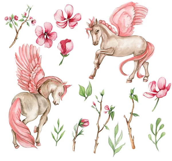 Wunderschönes Süßes Weißes Einhorn Mit Rosa Flügeln Und Rosa Blüten — Stockfoto