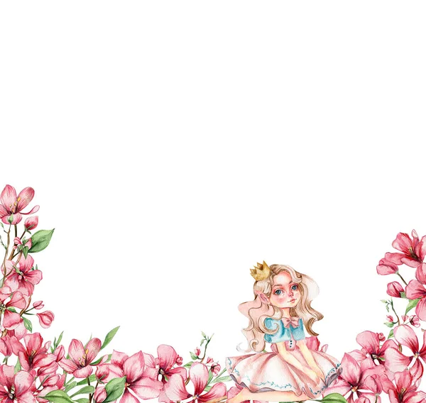 Composition border of flower fairy, little princess dressed in pink with flower illustration. Watercolor illustration for greeting card, posters, stickers, packaging.