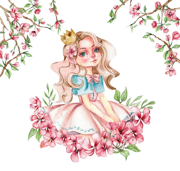 Composition of flower fairy, little princess dressed in pink with flower illustration. Watercolor illustration for greeting card, posters, stickers, packaging.