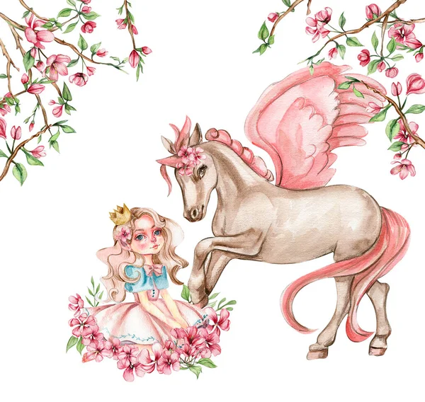 Composition of flower fairy, little princess dressed in pink with unicorn illustration. Watercolor illustration for greeting card, posters, stickers, packaging.