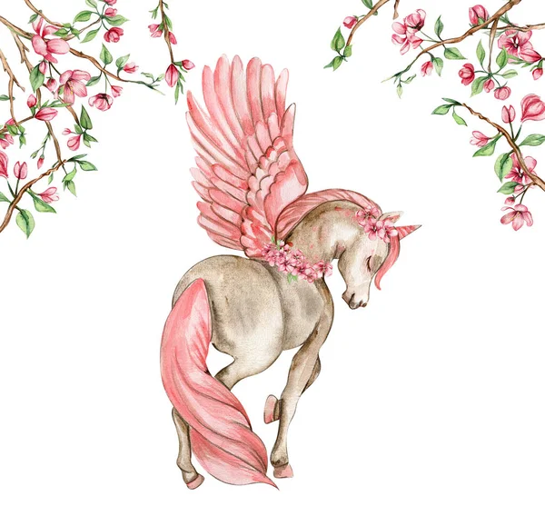 Білий Єдиноріг Рожевими Крилами Рожевими Квітами Розплідника Дитячого Душу Запрошення — стокове фото