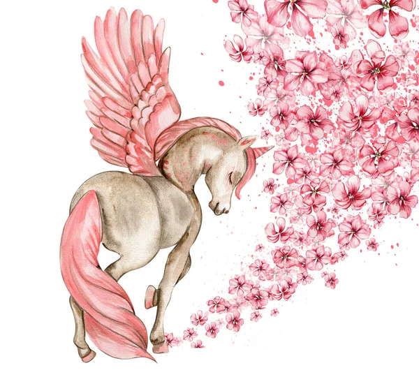 Weißes Einhorn Mit Rosa Flügeln Und Rosa Blüten Für Kinderzimmer — Stockfoto