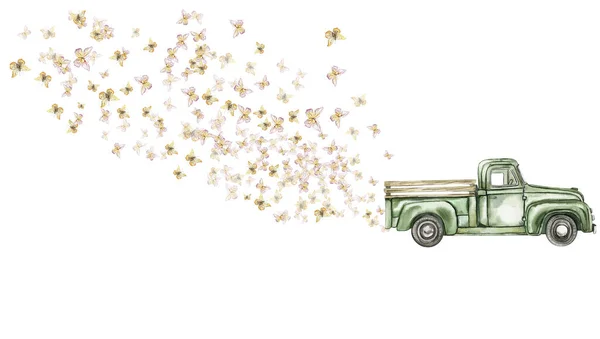 Delicate Yellow Butterflies Fly Out Old Rusty Truck Horizontal Board — Stock Photo, Image