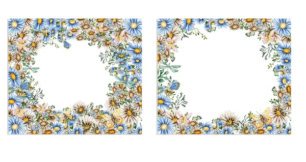Літні Квіти Ромашки Квадратний Вінок Акварельна Ілюстрація Скрапбукінгу Карт Фонів — стокове фото