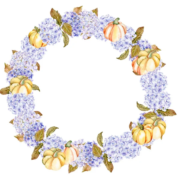 Corona Otoño Con Hortensias Azules Calabazas Para Tarjetas Fondos Ilustración — Foto de Stock