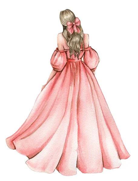 Девушка Длинном Розовом Платье Модные Женщины Стильный Эскиз Иллюстрация Моды — стоковое фото