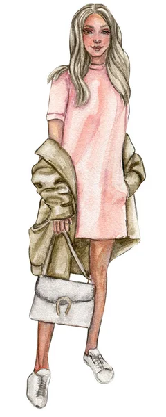 水彩手のファッションストリートスタイルの女の子を描いた お洒落な女性だ スタイリッシュなスケッチ ファッションイラスト グリーティングカード 招待状 ポスター パーティーの装飾に最適です — ストック写真