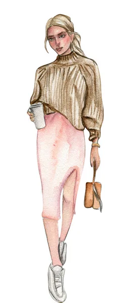 Akvarel Ručně Kreslené Módní Ulice Styl Dívka Módní Ženy Stylový — Stock fotografie