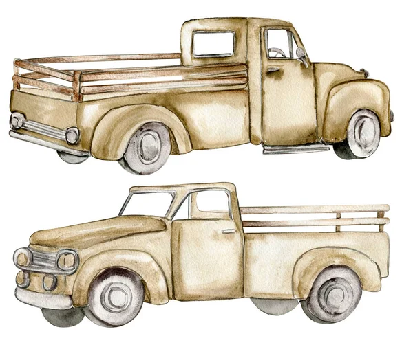 ヴィンテージ水彩トラック 古いレトロな車の手描きイラスト スクラップブッキング 子供のデザイン 結婚式の招待状 ポスター 挨拶カードに最適です — ストック写真