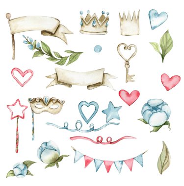 Suluboya el boyası parti kutlama unsurları. Taç, kupa, gül, anahtar. Doğum günü partisi için tasarım, pasta, tatil tasarımı, tebrik kartı, davetiye.