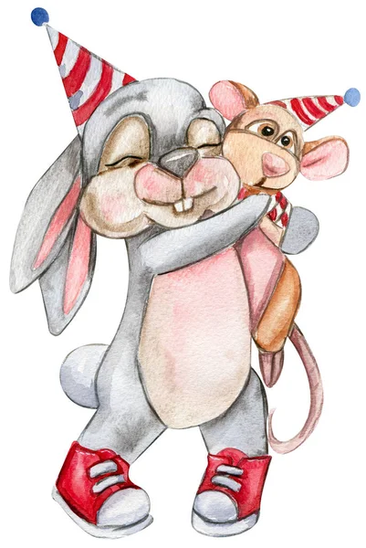 水彩手塗装パーティーお祝い要素 誕生日の帽子にクマとウサギ ベビーシャワーパーティー 誕生日 ケーキ 休日のデザイン 挨拶カード 招待状のためのデザイン — ストック写真
