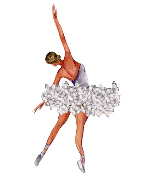 Akvarel Tančící Baletka Motýlem Lilac Obléká Baletku Obrázek Plakát Pozvánku — Stock fotografie