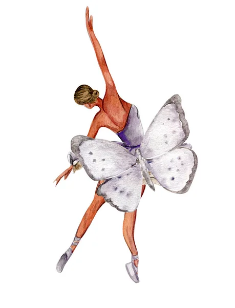 水彩舞芭蕾舞演员与蝴蝶 丁香裙芭蕾舞演员 邀请函 明信片 背景和海报图片 — 图库照片