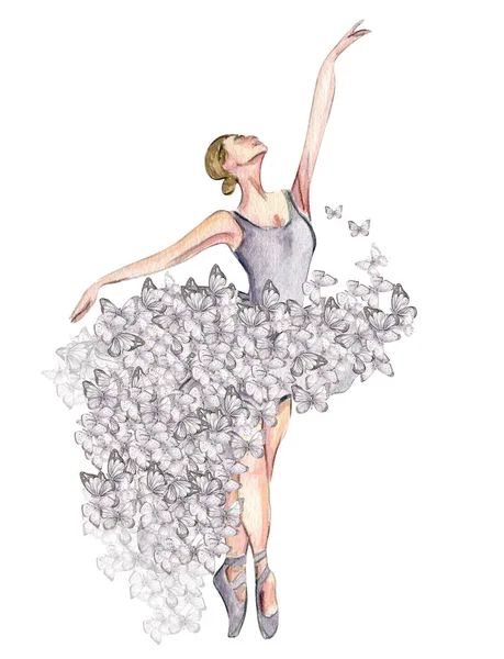 Aquarel Dansende Ballerina Met Vlinder Lilac Dresss Ballerina Foto Voor — Stockfoto
