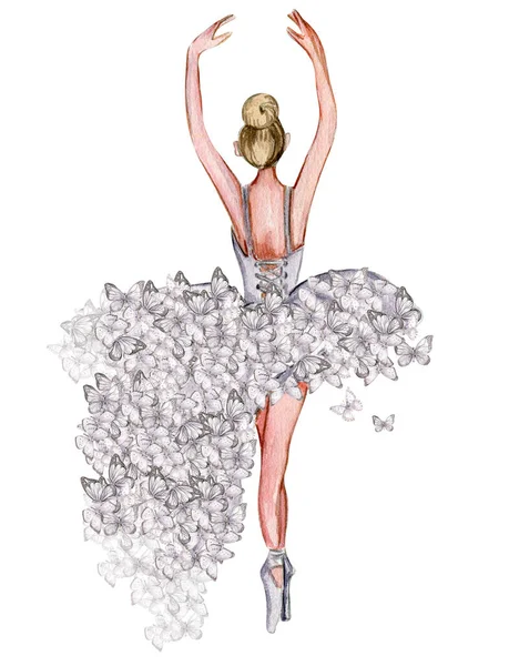 Ballerina Acquerello Con Farfalla Lilla Veste Ballerina Foto Poster Invito — Foto Stock