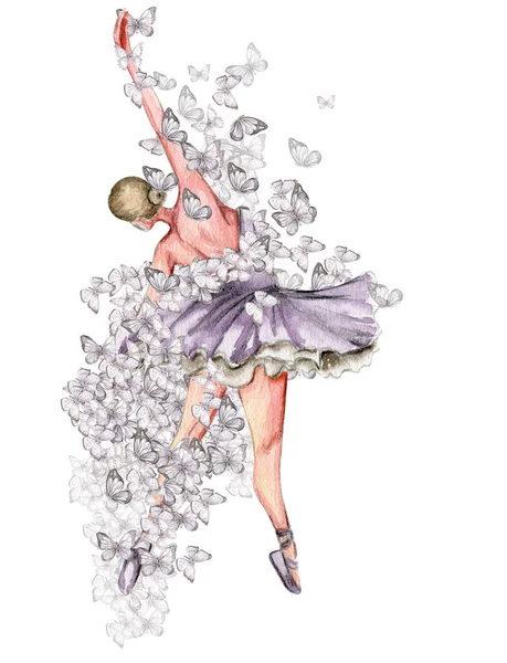 Bailarina Dançando Aquarela Com Borboleta Lilac Dresss Bailarina Imagem Para — Fotografia de Stock