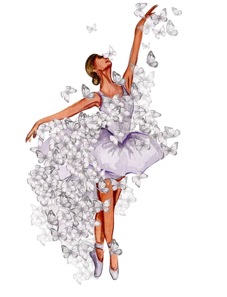 Akvarel Tančící Baletka Motýlem Lilac Obléká Baletku Obrázek Plakát Pozvánku — Stock fotografie