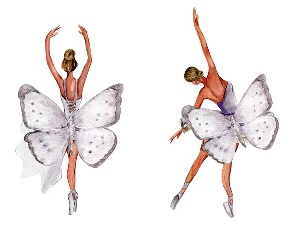 Танцующая Акварель Набором Бабочек Сирень Одевает Балерину Изображение Плаката Приглашения — стоковое фото