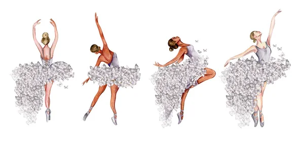 水彩舞芭蕾舞演员与蝴蝶组 丁香裙芭蕾舞演员 邀请函 明信片 背景和海报图片 — 图库照片