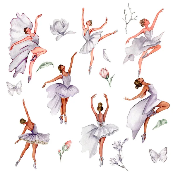 Akvarel Tančící Baletka Motýlem Magnólií Lilac Obléká Baletku Obrázek Plakát — Stock fotografie
