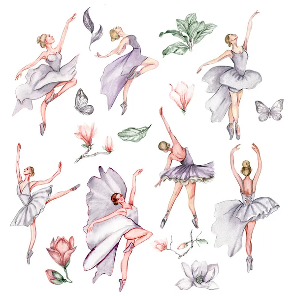 水彩舞芭蕾舞演员与蝴蝶和木兰花 丁香裙芭蕾舞演员 邀请函 明信片 背景和海报图片 — 图库照片