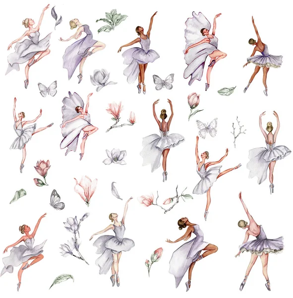 Akvarel Tančící Baletka Motýlem Magnólií Lilac Obléká Baletku Obrázek Plakát — Stock fotografie