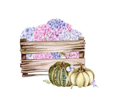 Fall composition with pink hydrangea and pumpkins. For cards, backgrounds. Watercolor illustration for scrapbooking. Perfect for wedding invitation. clipart