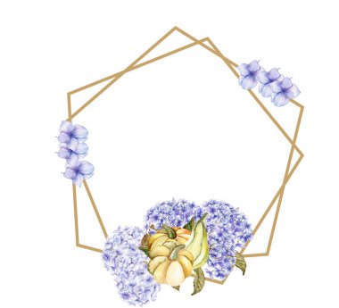 Mavi ortancayla sonbahar çelengi. Kartlar, arka planlar için. Albüm koleksiyonu için suluboya çizimi. Düğün davetiyesi için mükemmel..