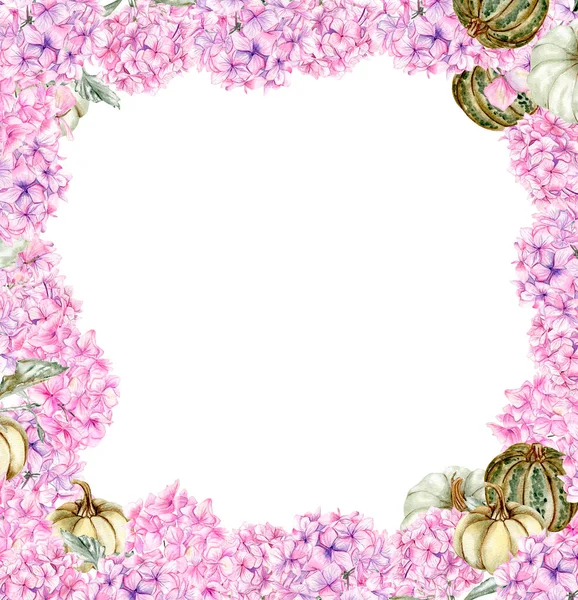 Осіння Квадратна Рамка Рожевою Гортензією Гарбузами Ілюстрація Осені Скрапбукінг Запрошення — стокове фото