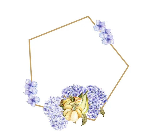 Corona Otoño Con Hortensias Azules Para Tarjetas Fondos Ilustración Acuarela — Foto de Stock