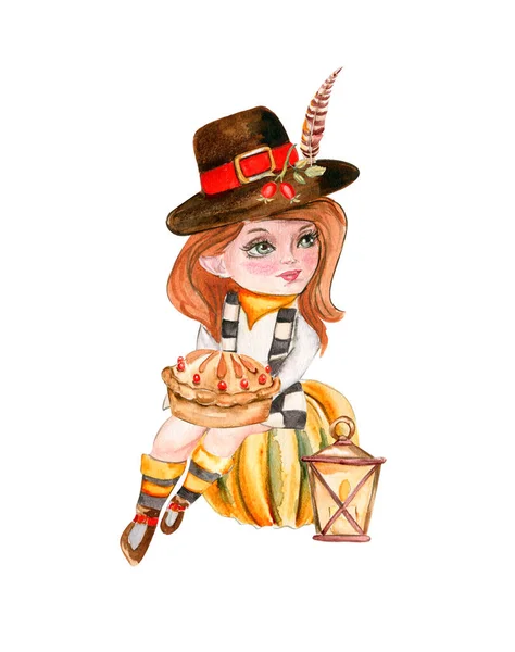 Sammansättning Höst Flicka Gnome Och Thanksgiving Paj Handritad Illustration Hösten — Stockfoto