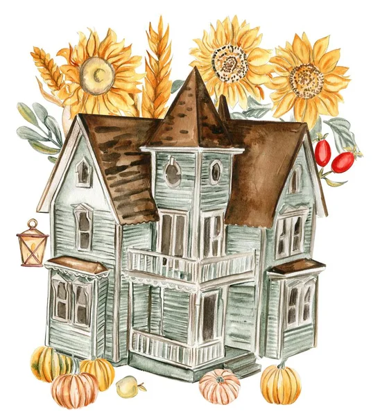 Akwarela Ręcznie Rysowane Jesienny Dom Dynie Ręcznie Rysowana Ilustracja Jesieni — Zdjęcie stockowe