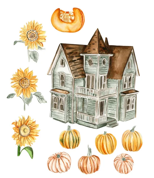 Watercolor Hand Drawn Autumn Farm House Pumpkins Hand Drawn Illustration — Stock Photo, Image