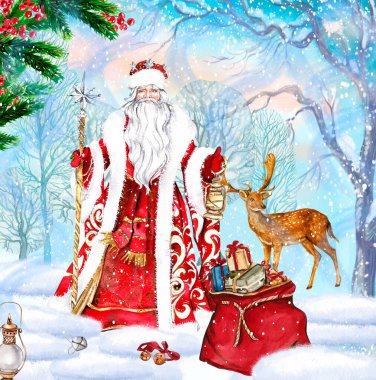 Noel Baba 'nın Noel sopalı kompozisyonu, uzun Whit? Kırmızı ceketli kırmızı ceketli sakal ve lamba. Önünde hediyeler olan kırmızı çantalı beyaz süs. Karda duruyor..