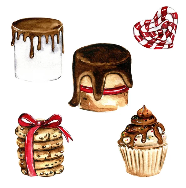 クリスマスの要素のセット ギフト カップケーキ ケーキ クッキー 水彩手描きイラスト 冬休み — ストック写真