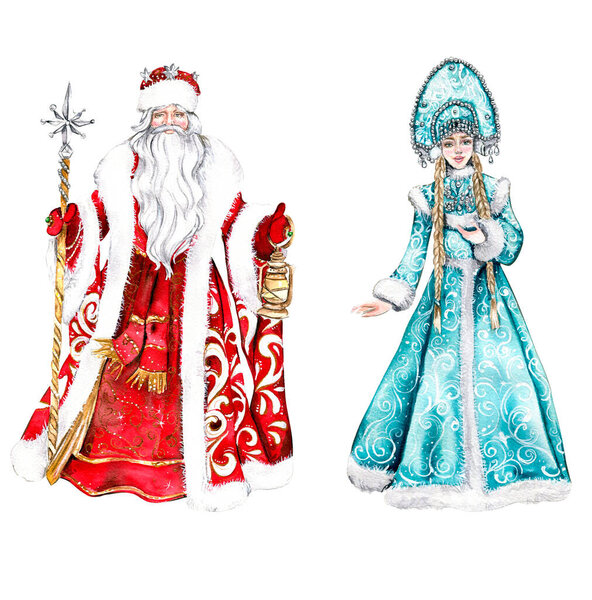 Watercolor illustration of Santa Claus with Christmas stick,long whit? beard and lamp in hands in Red coat with white ornament and Snow Maiden in a blue dress.Russian Santa Claus and his granddaughter