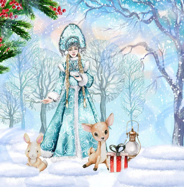 Композиция Рождество Снегурочкой Голубом Платье Подарки Кексы Торт Печенье Ели — стоковое фото