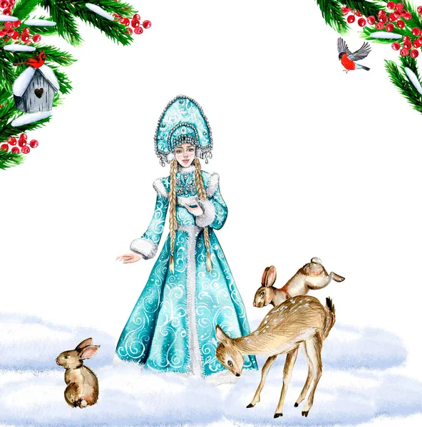 Композиция Рождество Снегурочкой Голубом Платье Подарки Кексы Торт Печенье Ели — стоковое фото