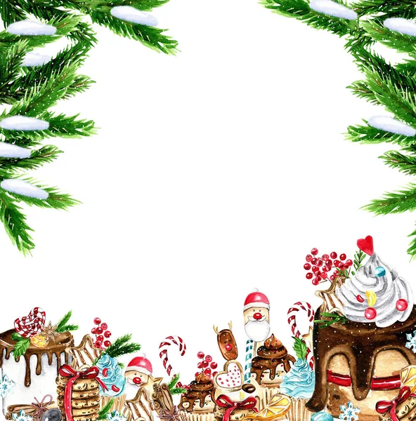 Composizione Natale Regali Cupcake Torta Biscotti Rami Abete Illustrazione Disegnata — Foto Stock