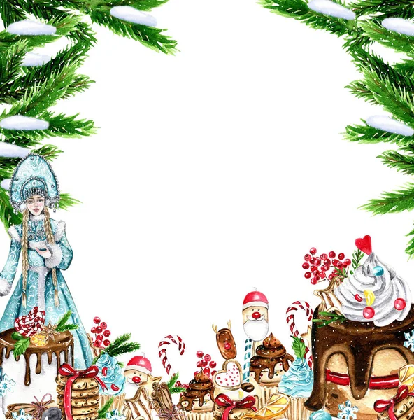 Composizione Natale Regali Cupcake Torta Biscotti Rami Abete Illustrazione Disegnata — Foto Stock