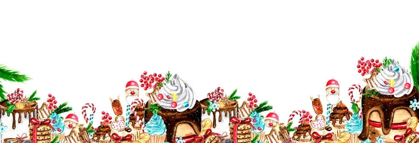 Sfondo Orizzontale Senza Cuciture Natale Regali Cupcake Torta Biscotti Rami — Foto Stock