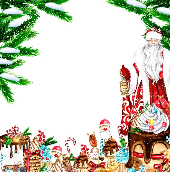 Samenstelling Voor Kerstmis Cadeaus Cupcake Cake Koekjes Sparren Takken Aquarel — Stockfoto