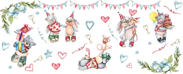 Composición Fiesta Oso Conejo Con Gorra Cumpleaños Diseño Dibujado Mano —  Fotos de Stock