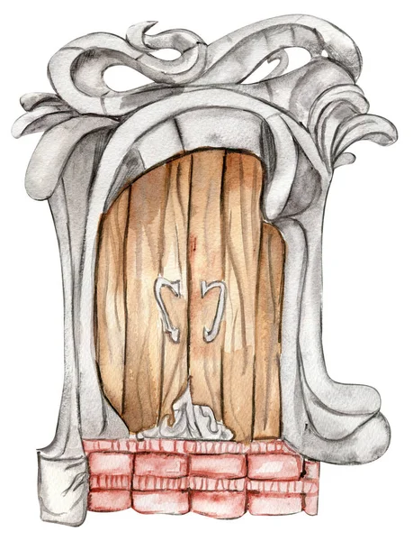 妖精のための木製のドア グリーティングカード プリント ポストカードやお土産のための手描きのおとぎ話のイラスト 白を基調としたイラスト — ストック写真