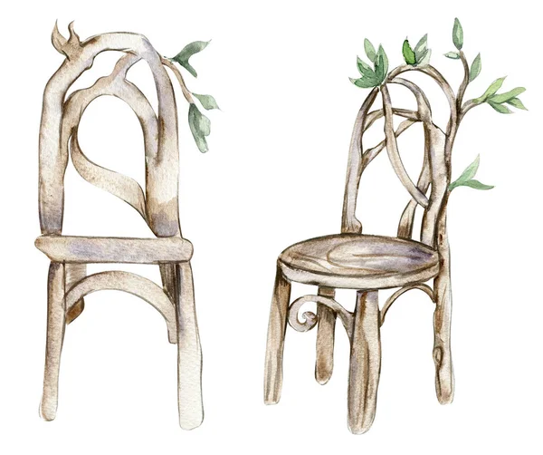Cadeiras Madeira Para Fadas Watercolor Ilustração Desenhada Mão Perfeito Para — Fotografia de Stock